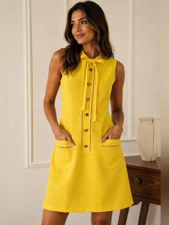 Kay Windsor Dresses & Skirts - Kay Windsor Vintage Mod Yellow Sleeveless Shift Dress Bow Neck Size M